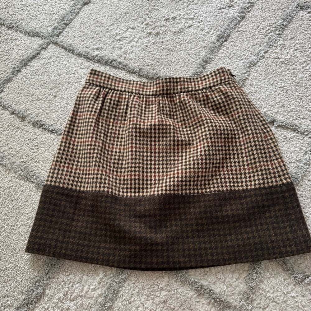 J. Crew wool brown tan houndstooth Colorblock Plaid Mini Skirt size 0